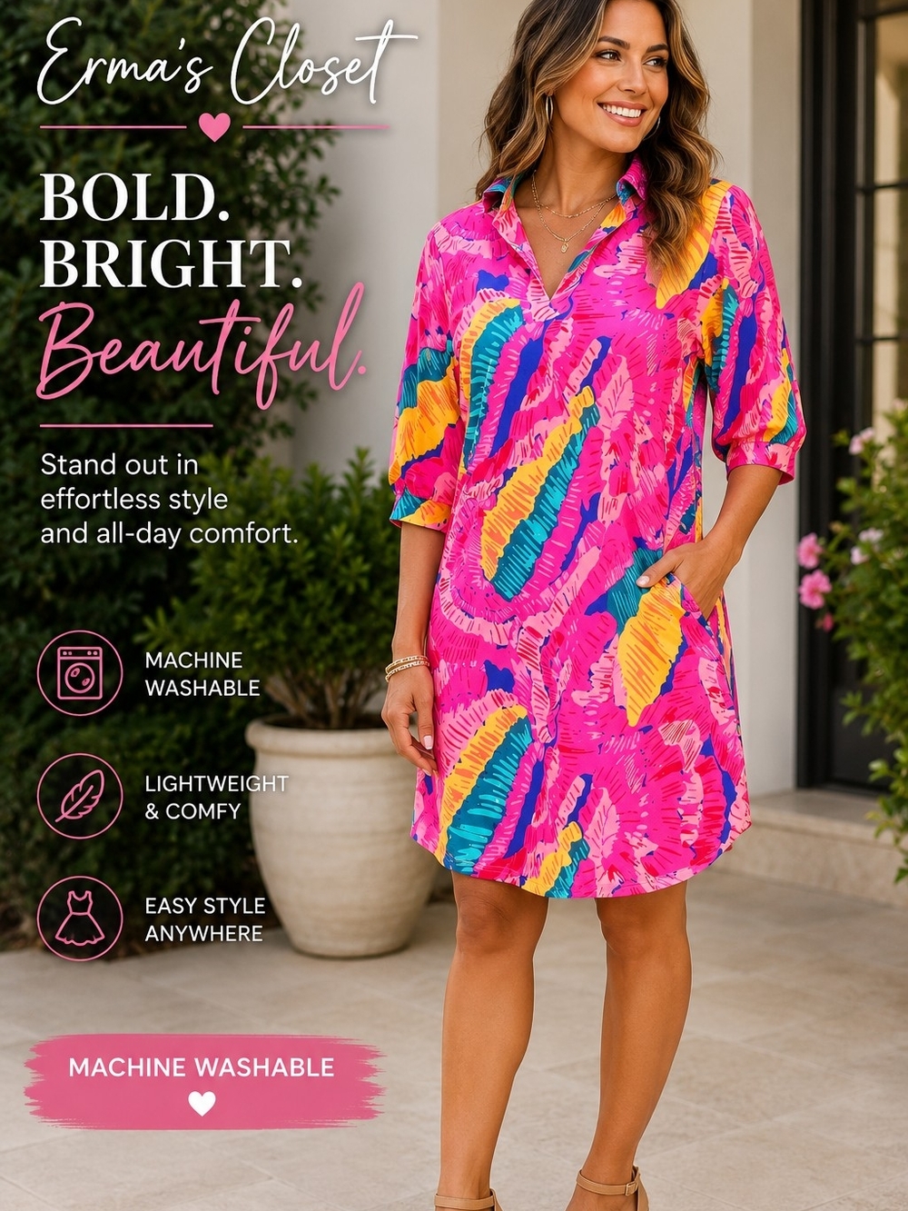 Women's Pink Tropical Print Shirt Dress